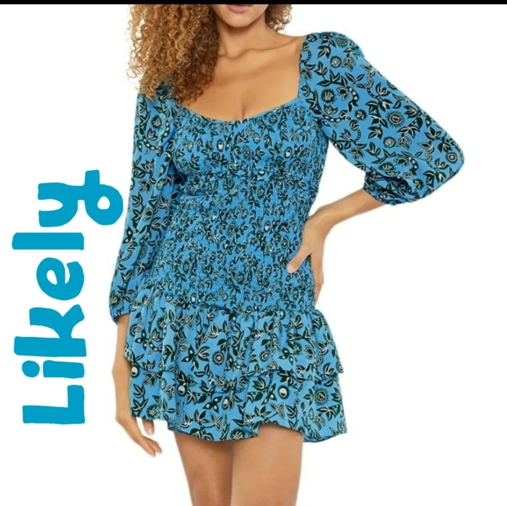 Likely Womens Darby Ruffled Smocked Mini Dress Sz 10 Blue Green/White Date Night